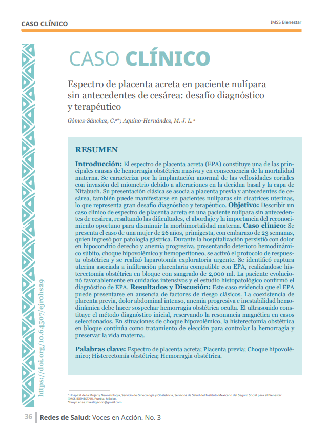 vol2_num3_Espectro de placenta acreta en paciente nulípara sin antecedentes de cesárea: desafío diagnóstico y terapéutico